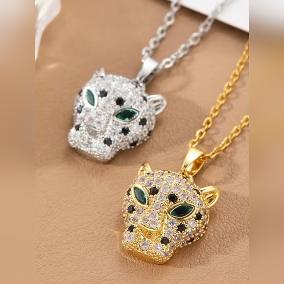 Titanium Steel Luxury Elegant Panther Pendant Necklace Set in Gold Tones - Picture 2 of 4